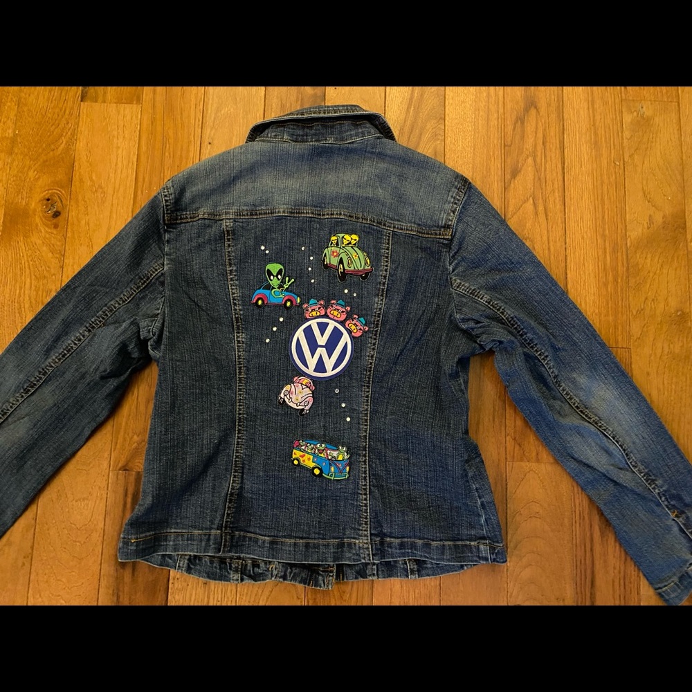 VW alien beetle jean jacket 60s Volkswagen bus patch love bug peace beads